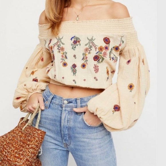 Free People Tops - Free People "Saachi" floral embroidered off shoulder Boho top blouse L